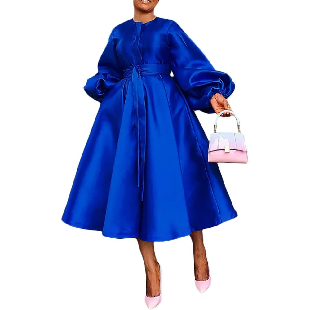 Satin Puff Sleeve Evening Dress for Women Pleated A-Line Round Neck Elegant Party Midi Dress with Belt