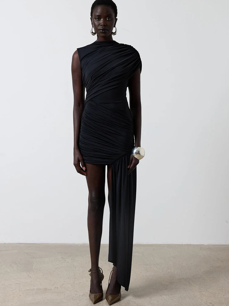 Irregular Round Neck Ruched Ribbon Women Dress