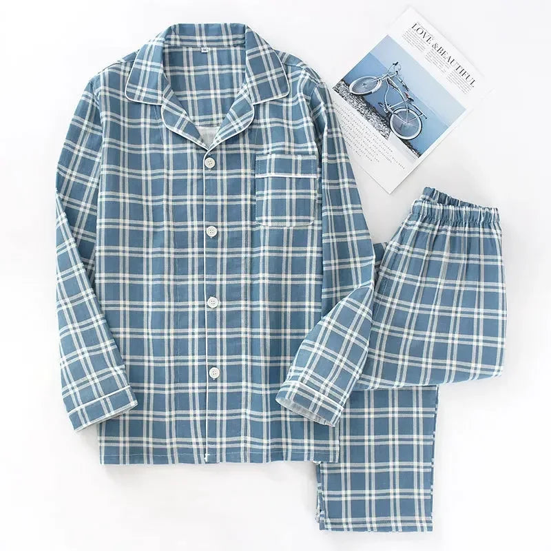 Men's Pajamas Sets Long-sleeved Cardigan Tops and Trousers 100% Cotton Double Gauze Lattice Sleepwear