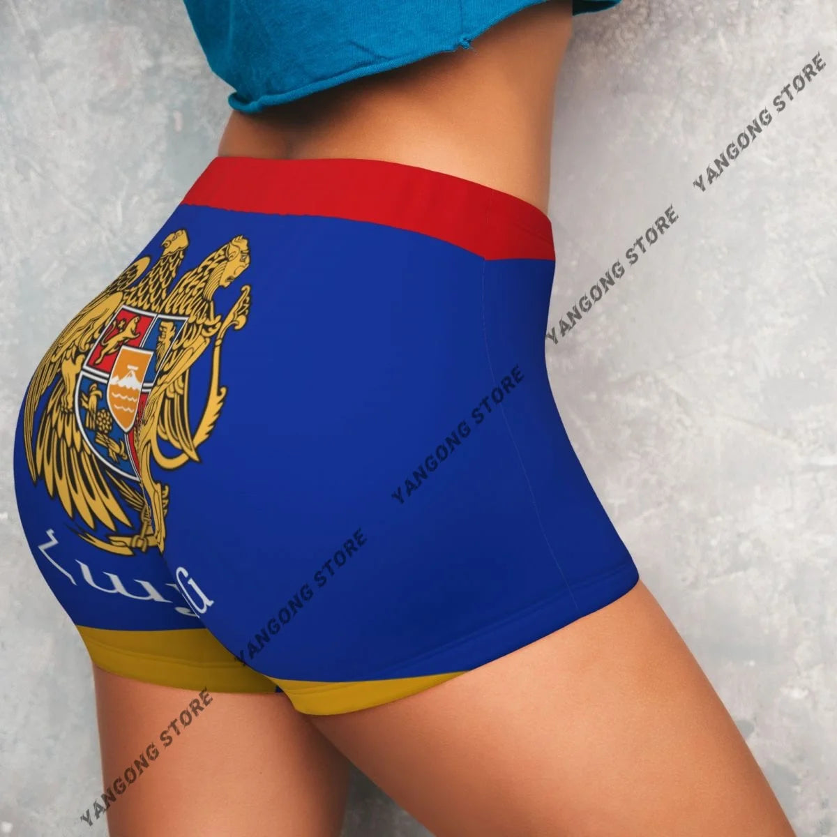 Elasticity Push Up Short Scrunch Butt Armenia Flag Print Running Shorts