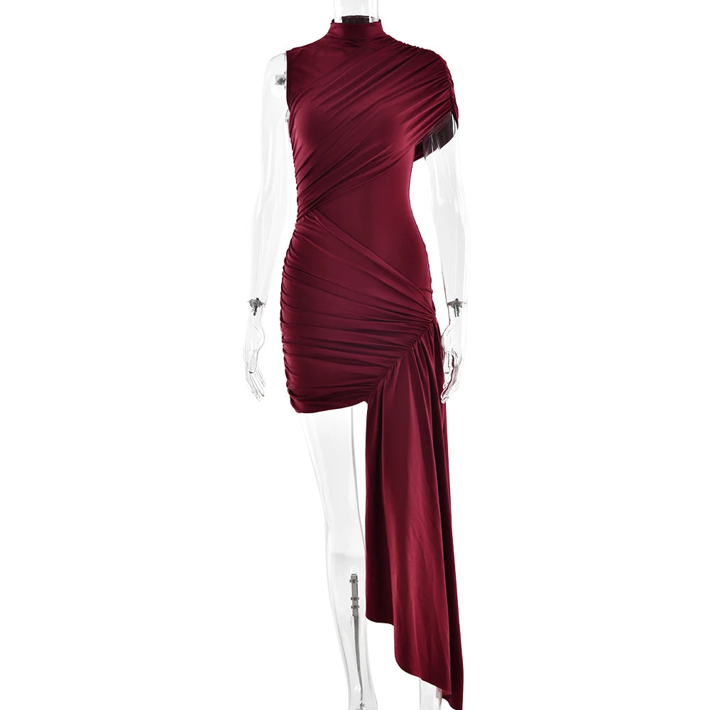 Irregular Round Neck Ruched Ribbon Women Dress