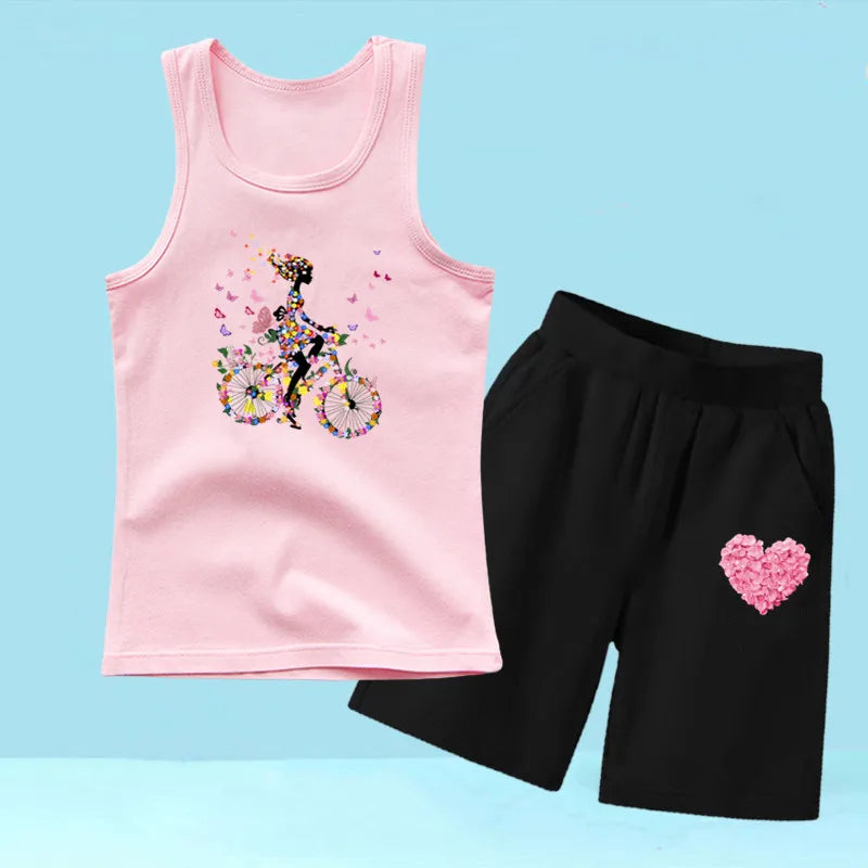 Summer Girls 2PCS Vest Set Perfume Bottle Print Sleeveless Top and Shorts