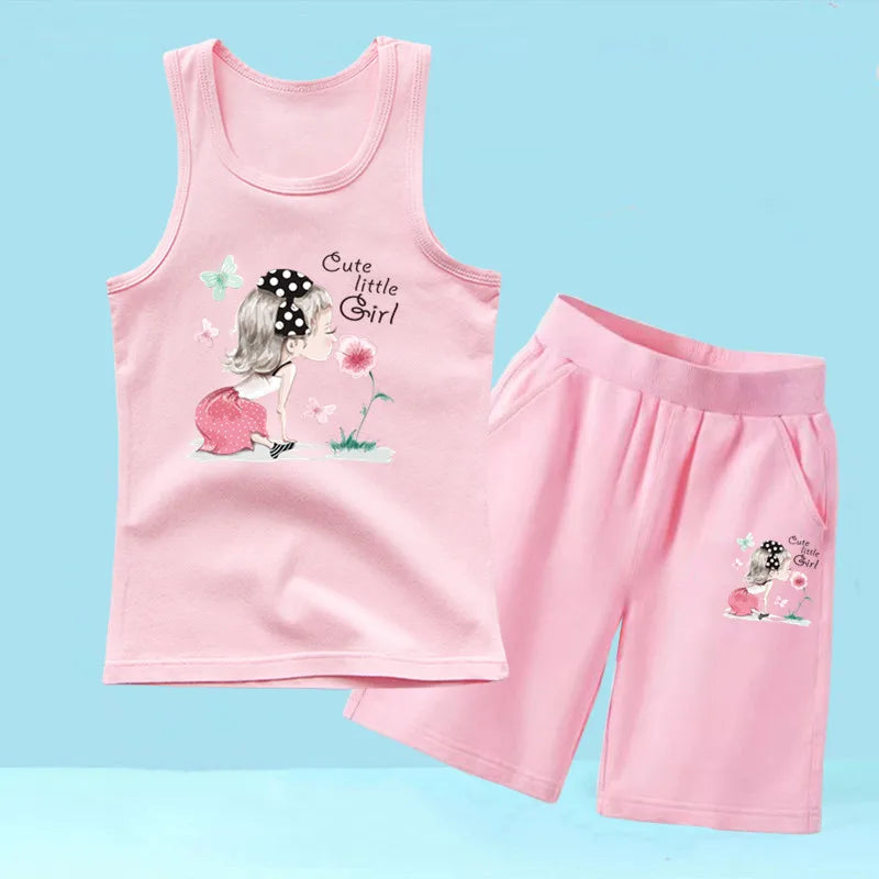 Summer Girls 2PCS Vest Set Perfume Bottle Print Sleeveless Top and Shorts