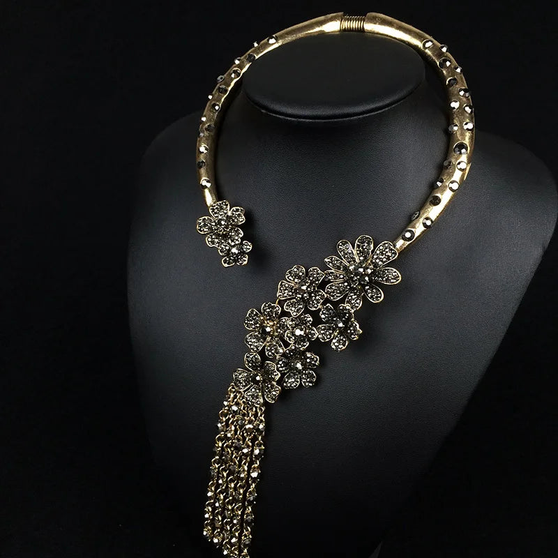 Baroque Open Choker Necklace Women Layered Crystal Tassel Large Collar Necklace Jewelry