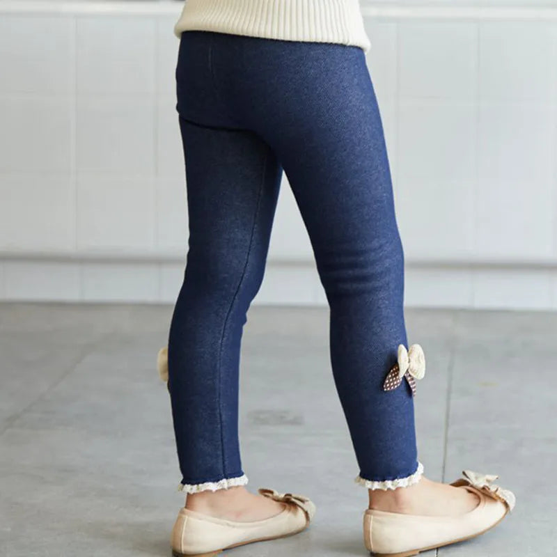 Girls Jean Pants Warm Leggings Thick Velvet Bowknot Kids