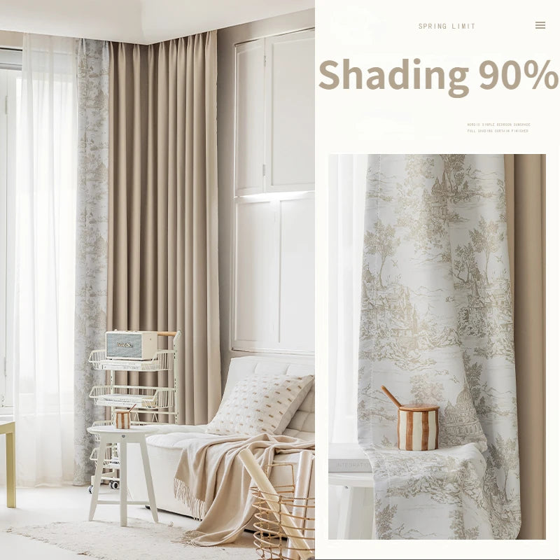 French Pastoral Style Blackout Curtains Light Luxury Bedroom Minimalist Living Room Bay Window Drapes 100% Polyester Home Balcony