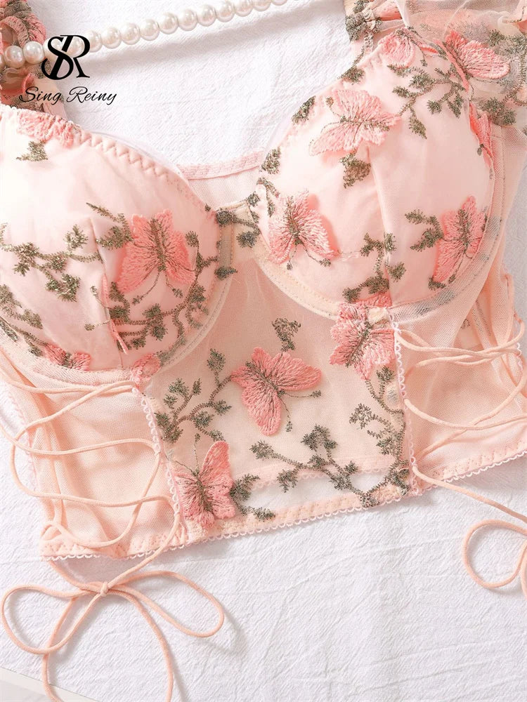 Women Sexy Sheer Lace-Up Puff Sleeves Floral Embroidery Two Piece Set
