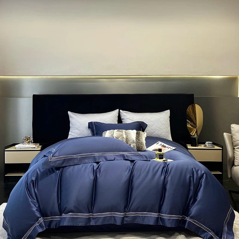 Luxury Three-line Embroidery Solid Color 1000TC Egyptian Cotton Bedding Set Duvet Cover Bed Sheet/Fitted Sheet Pillowcases 4Pcs