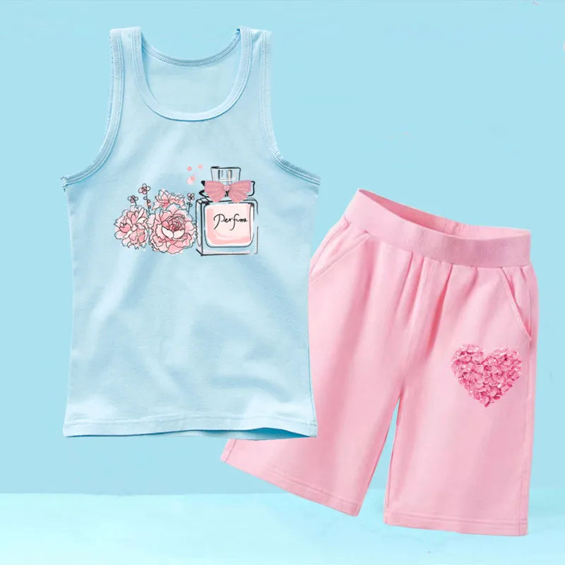 Summer Girls 2PCS Vest Set Perfume Bottle Print Sleeveless Top and Shorts
