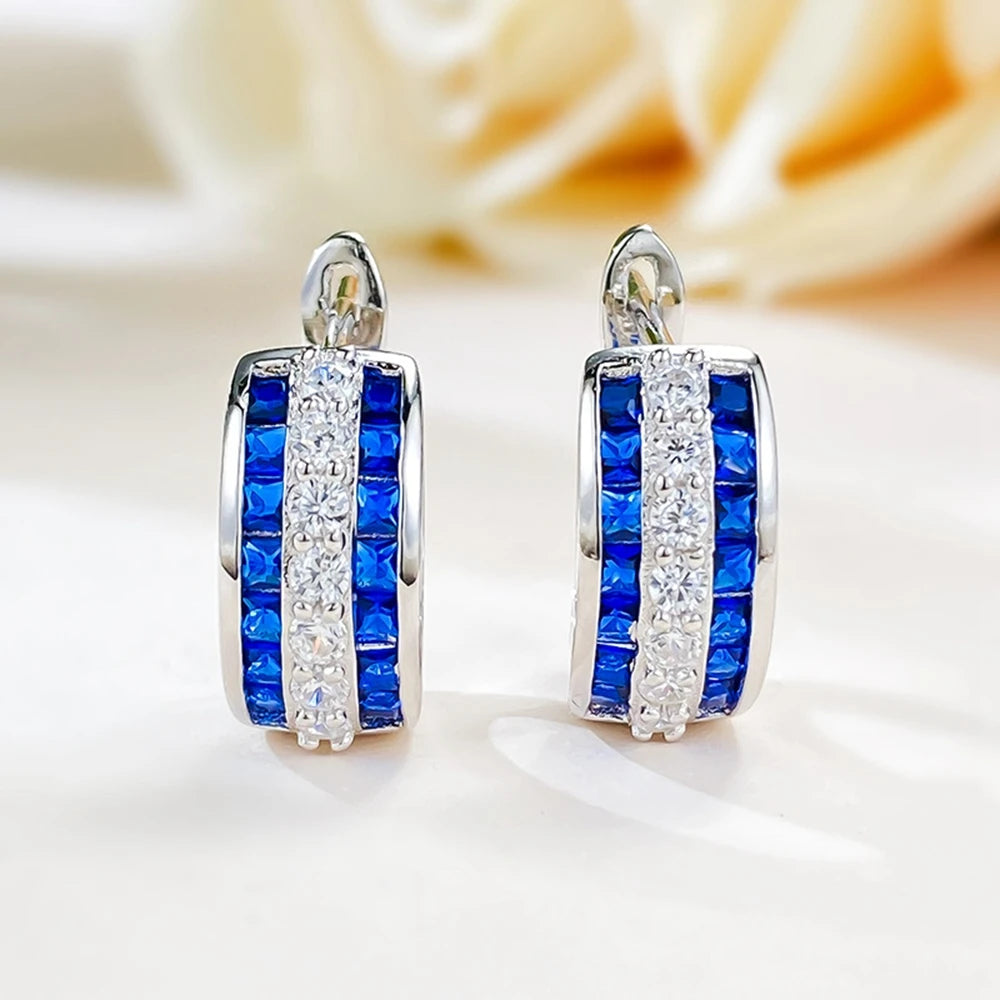 Sapphire Ruby High Carbon Diamond Gems Hoop Earrings for Women 100% 925 Sterling Silver Fine Jewelry
