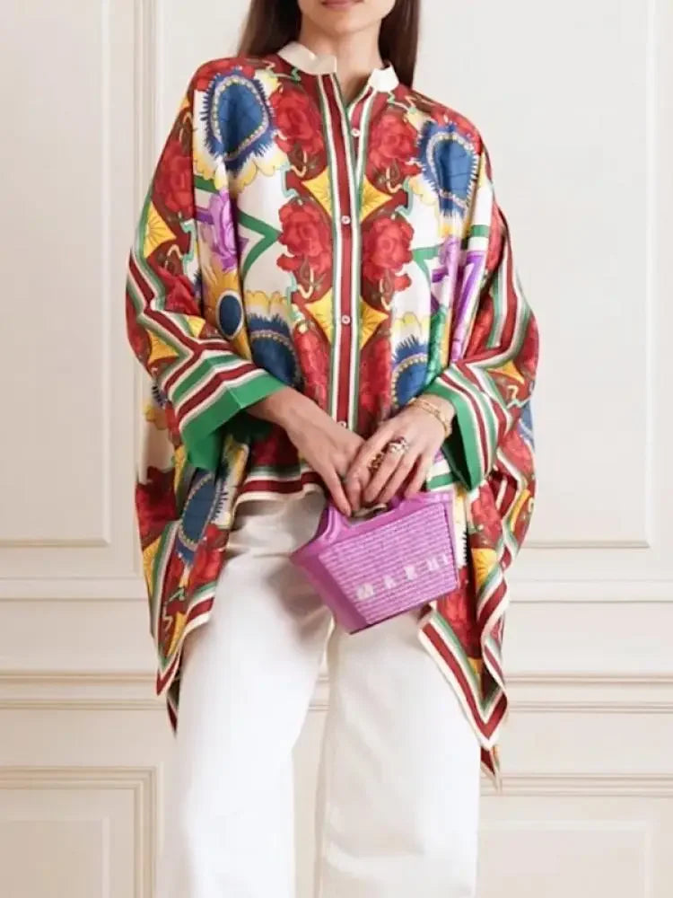 Spring Stylish Women Sleeves Flower Print Stand Collar Blouse
