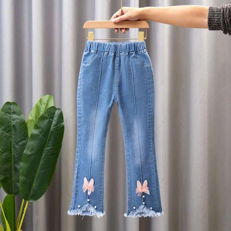 Girls Star Embroidered Jeans Pants with Pearl Slim-Fit
