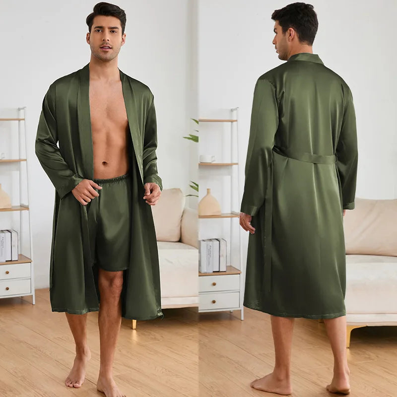 Solid Color Sleep Wear Set Men Silky Nightwear Kimono
