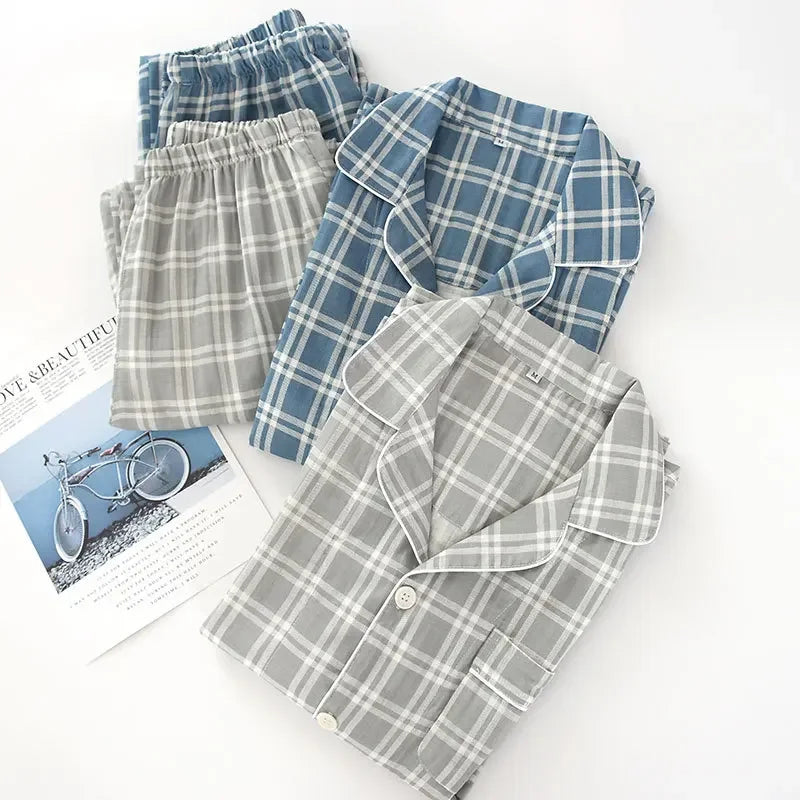Men's Pajamas Sets Long-sleeved Cardigan Tops and Trousers 100% Cotton Double Gauze Lattice Sleepwear