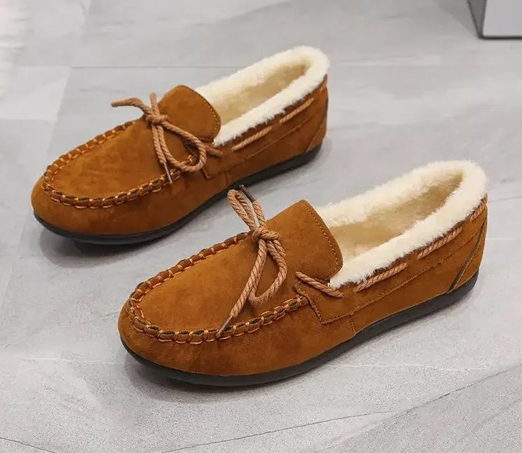Women's Moccasins Soft Loafers Comfort Warm Plush Bow Slip on Cotton Shoes
