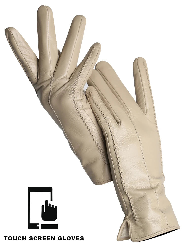 Women's Leather winter warm gloves with velvet thin touch screen