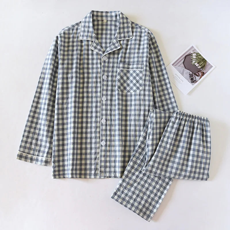 Spring and Autumn Unisex Pajama Set 100% Cotton Men's and Women's Plaid Long Sleeved Two Piece