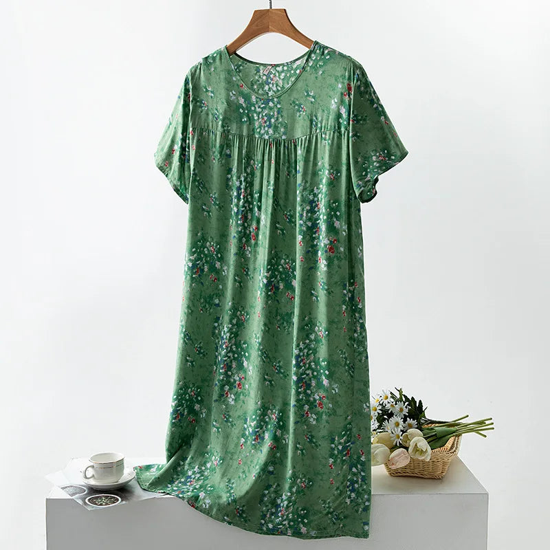 Summer Women Nightgown Short Sleeve Round Neck