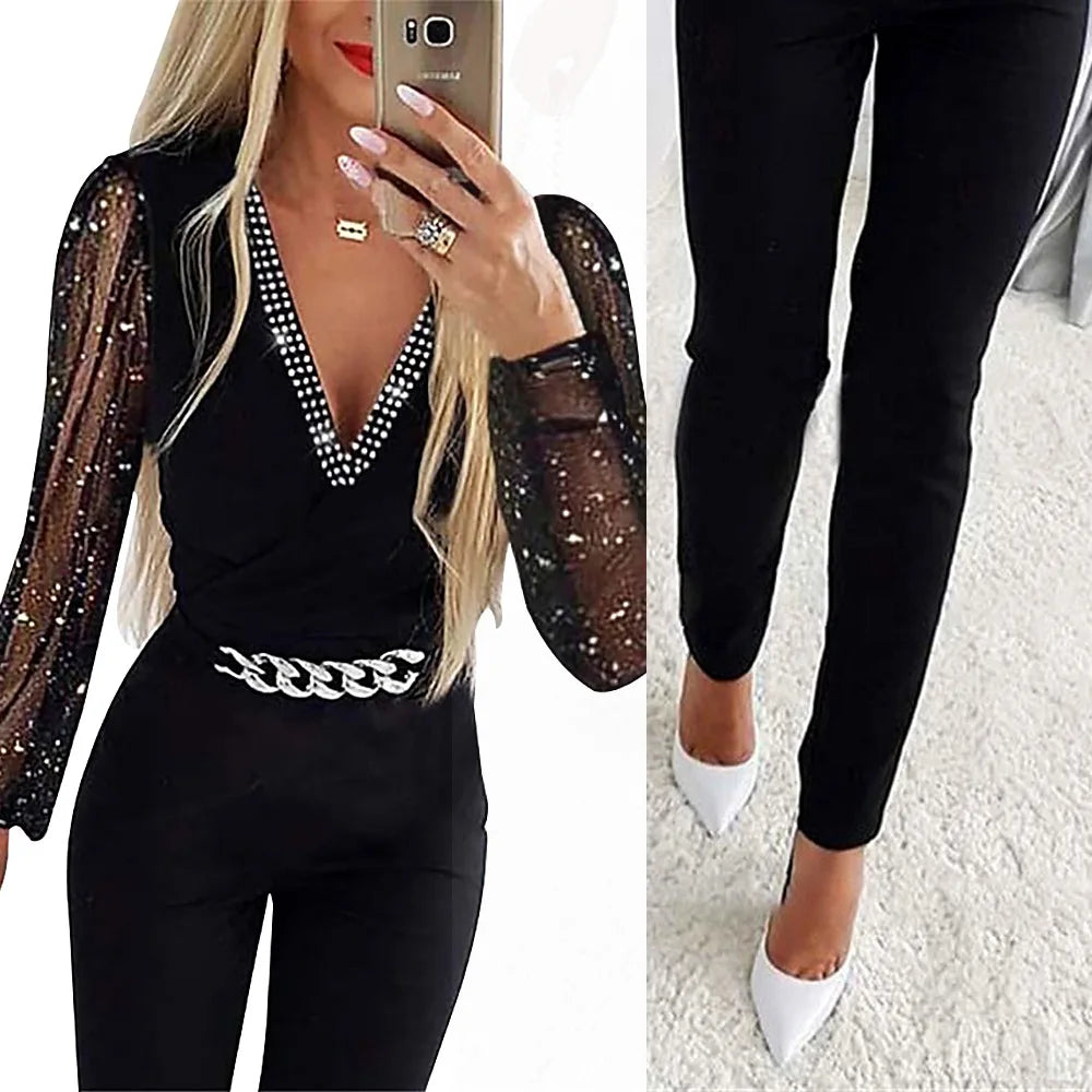 One Piece Slim Fit Jumpsuit with V Neck Full Sleeve