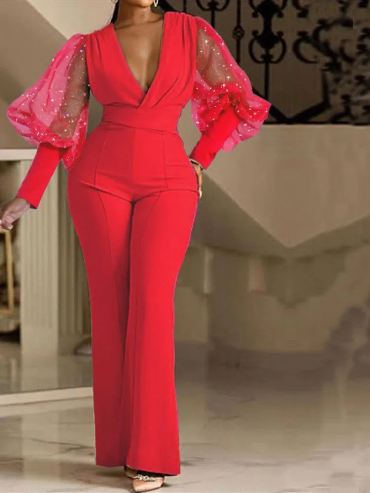 Elegant Jumpsuit Romper High Waist Overall Sequins Bodycon Long Sleeve