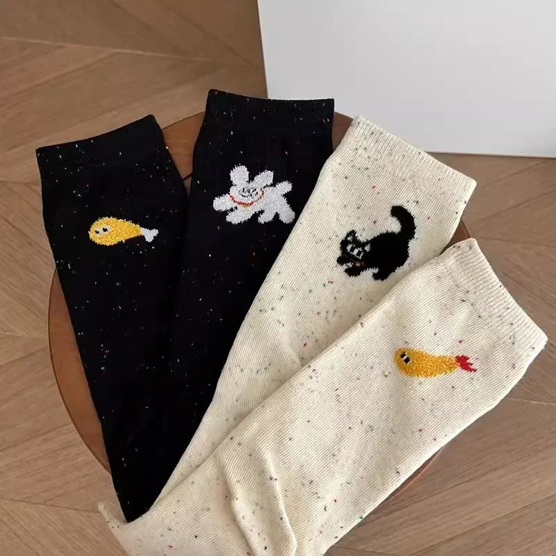 1/2pairs Cartoon Cat Fish Pattern Middle Tube Socks Soft Thermal Warm Crew Sock