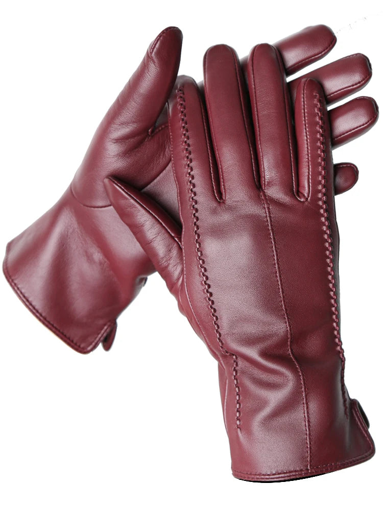 Women's Leather winter warm gloves with velvet thin touch screen