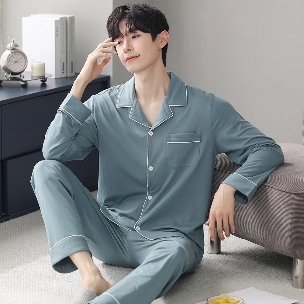 Autumn Men's Pajamas Sets Long Sleeve Modal Cotton Thin Teenage Boys' Large Size Spring Outwear Home Cloth Suit Sleepwear Male