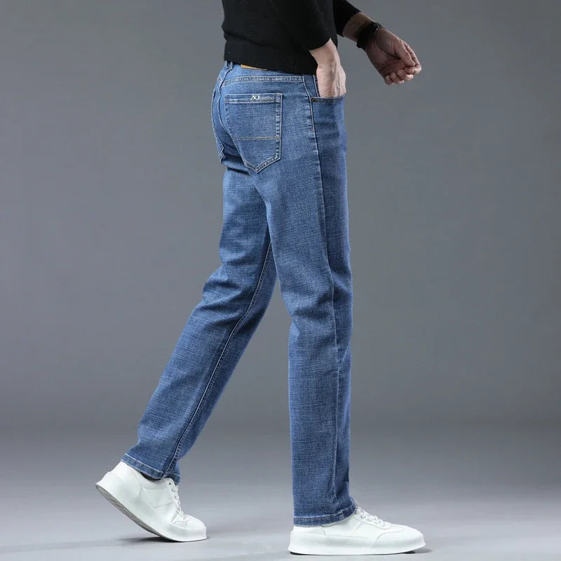 Spring Fashion Men's Light Blue Slim Jeans Stylish Business Casual Stretch Fabric Denim Pants Classic All Match Trousers