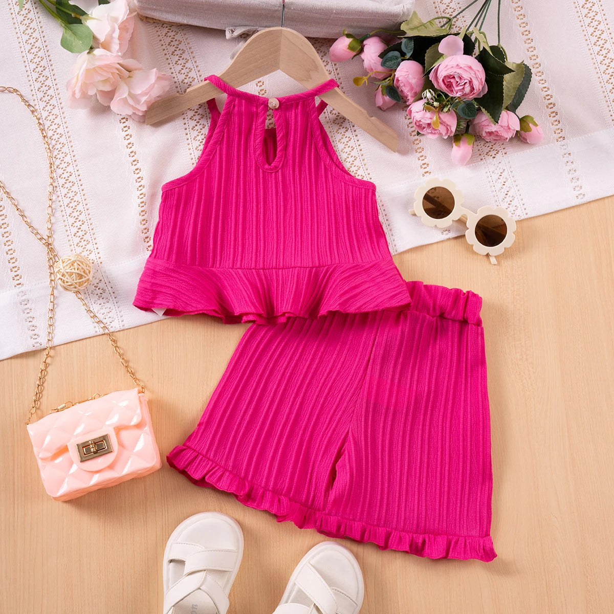 Summer Fashion Sleeveless Ruffle Tank Top & Shorts Solid Two-Piece Outfit Toddler Girl Set