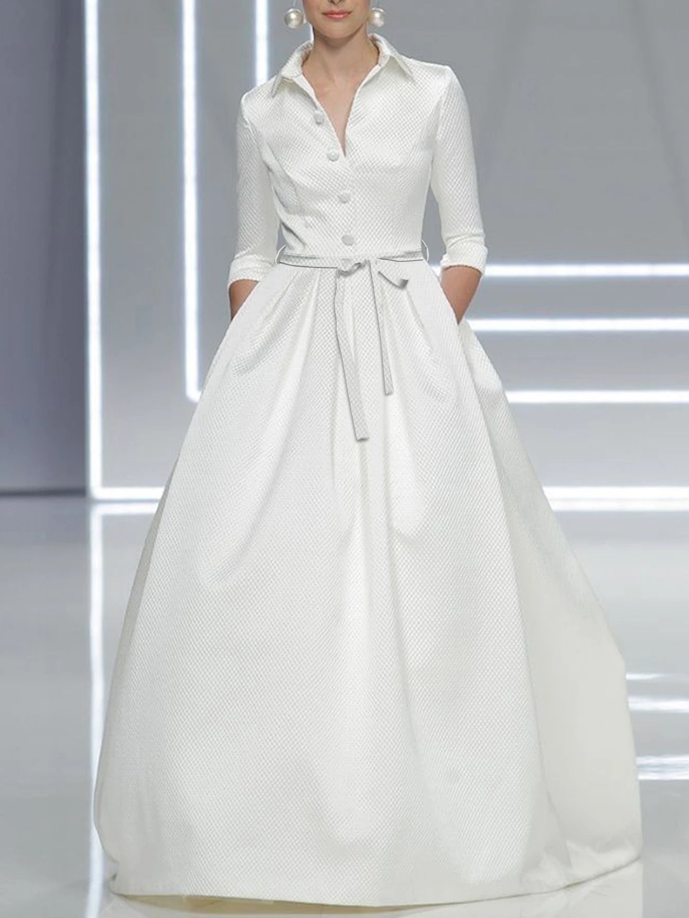Elegant Women Wedding Guest Long Dress Long Sleeve Stand Collar White A-Line Pleated with Belt