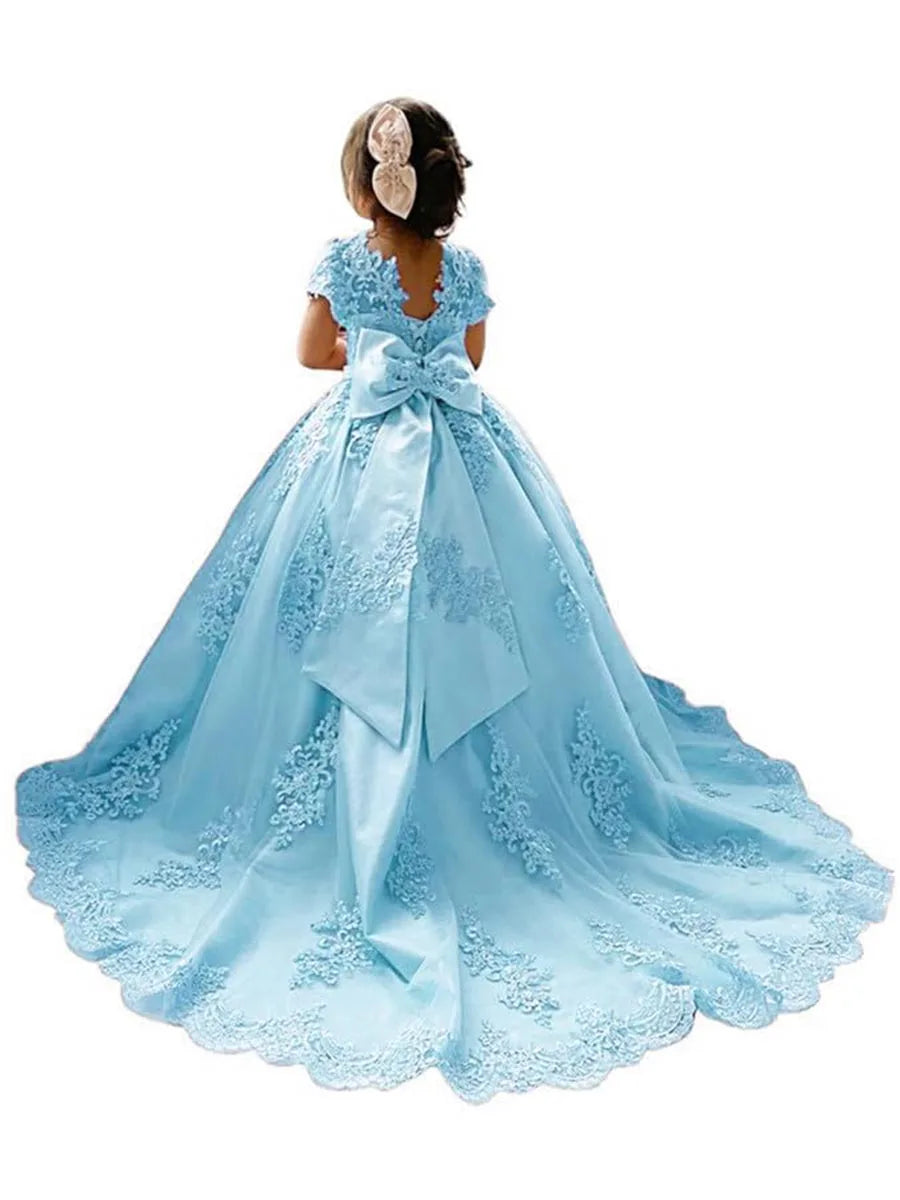 Flower Girl Princess Dresses for Wedding Pageant With Bow-knot Beaded Appliques Long Train Party Gowns