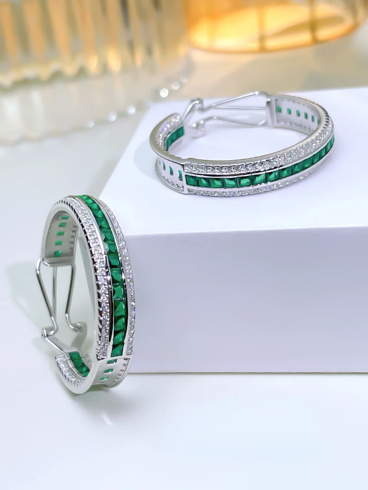Luxurious Lab Emerald 925 sterling silver earrings inlaid with high carbon diamonds