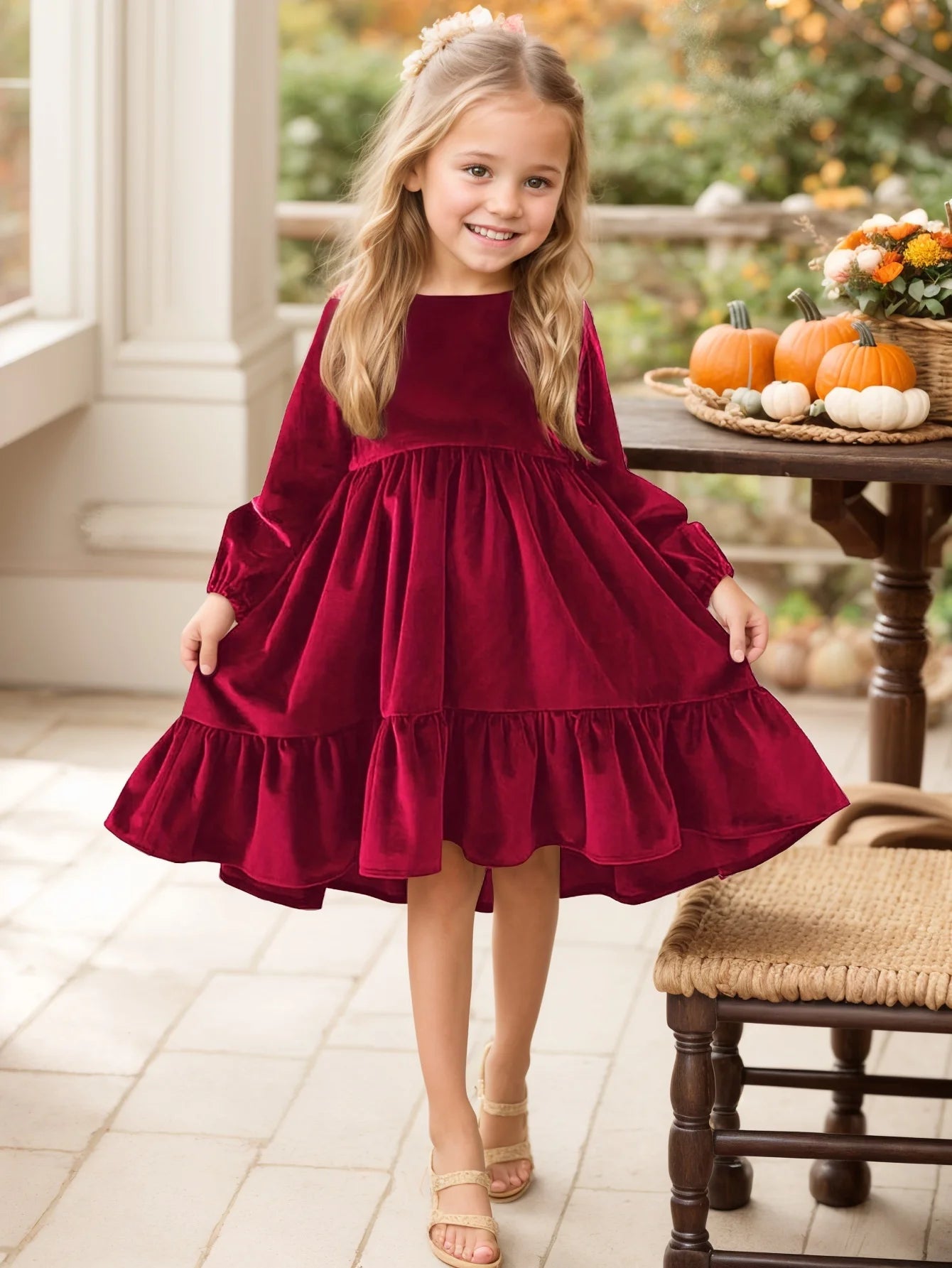 Girl Velvet Long Sleeve Ruffle Hem Dress