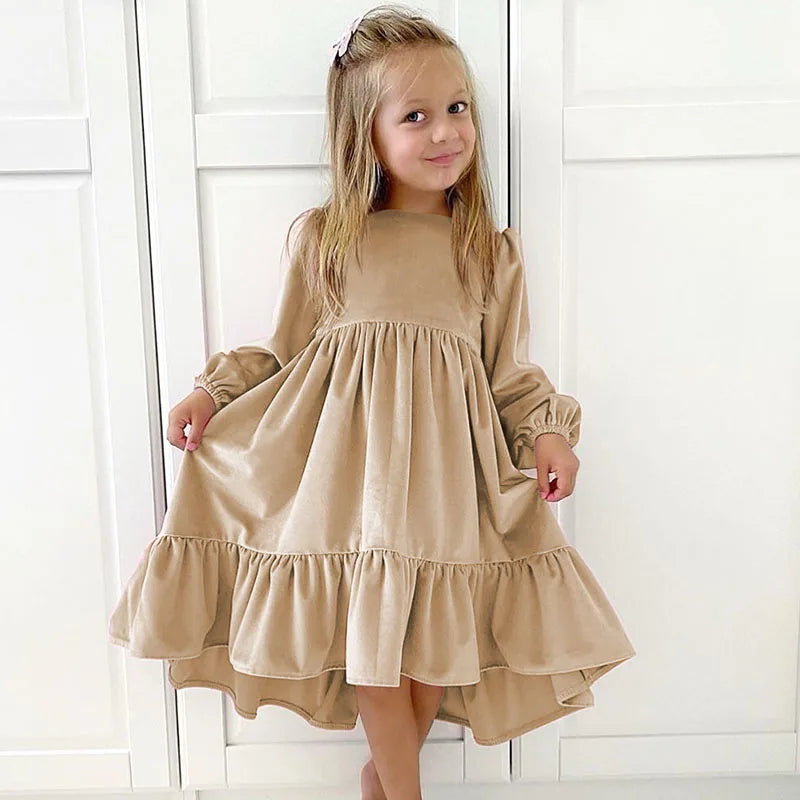Girl Velvet Long Sleeve Ruffle Hem Dress
