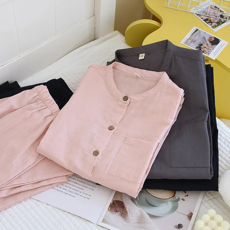 Spring/Summer Women Men Pajama Set 100% Cotton Long Sleeve Long & Pants Two Piece