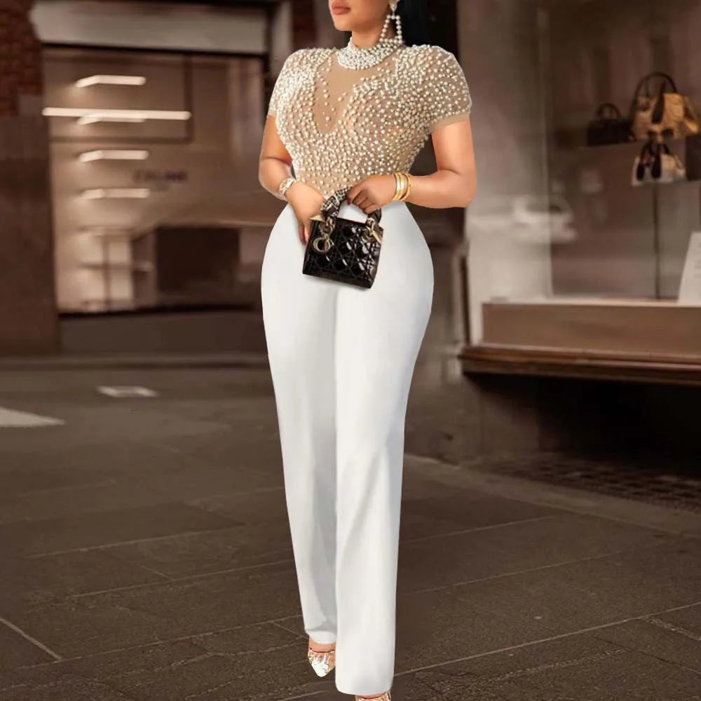 Elegant Jumpsuit with Round Neck Short Sleeve Beaded