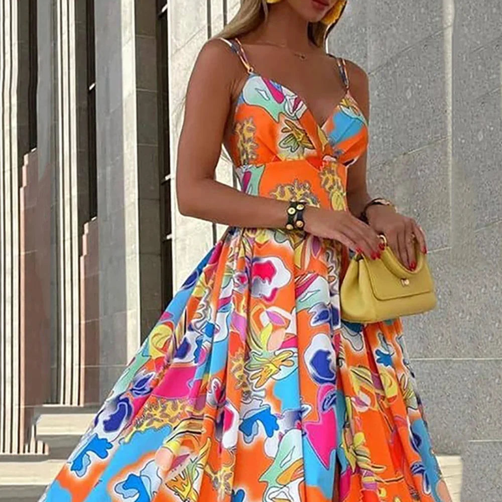 Summer Women's Chiffon Bohemian Printing Dress Vacation Style Sleeveless