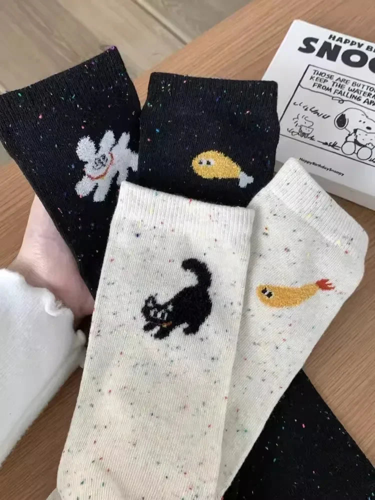 1/2pairs Cartoon Cat Fish Pattern Middle Tube Socks Soft Thermal Warm Crew Sock