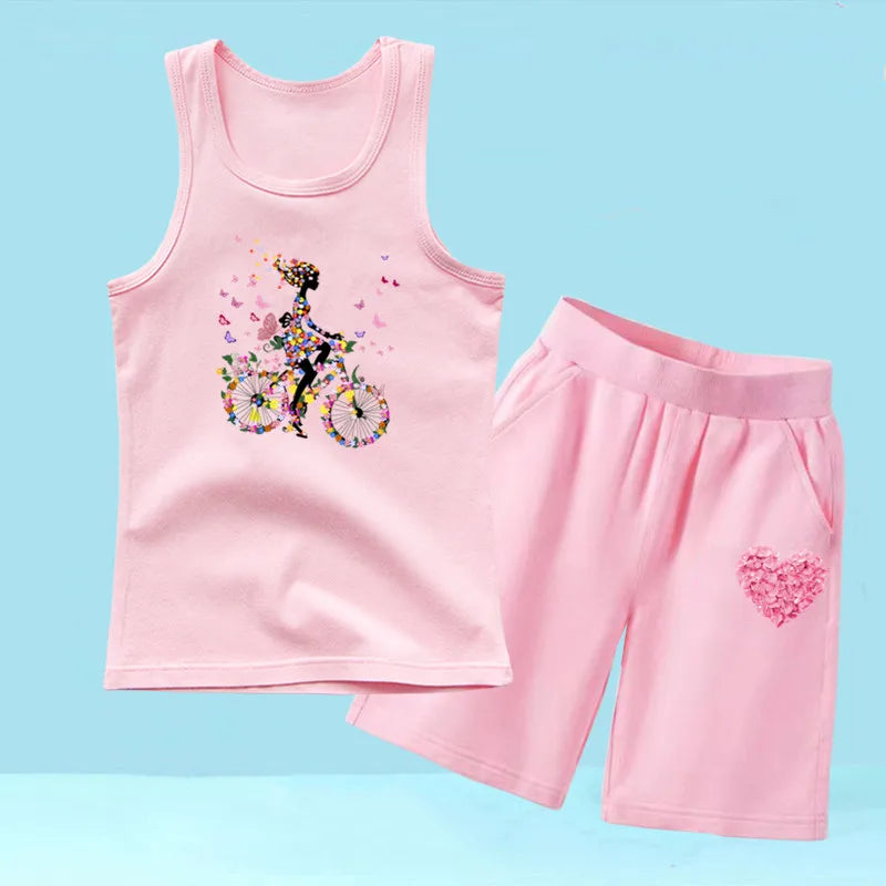 Summer Girls 2PCS Vest Set Perfume Bottle Print Sleeveless Top and Shorts