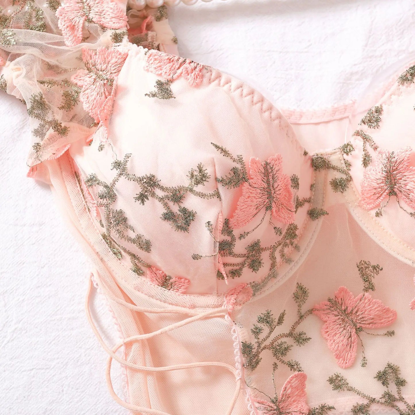 Women Sexy Sheer Lace-Up Puff Sleeves Floral Embroidery Two Piece Set