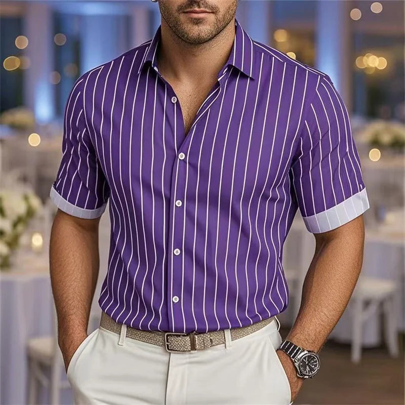Men's Fashion Striped Loose Short Sleeve Shirt Casual Breathable Lapel Button Shirt Soft and Comfortable