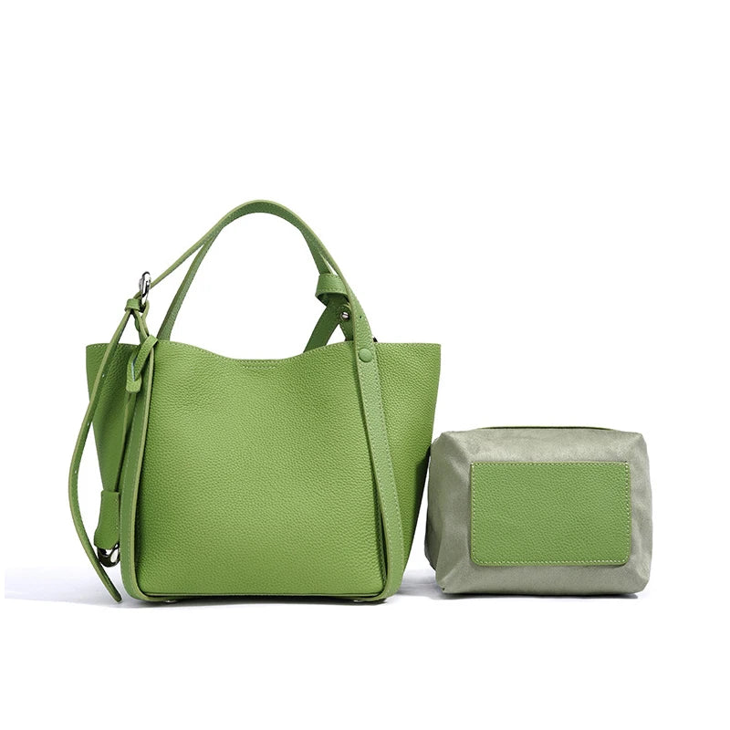 Luxury Genuine Leather Crossbody Shoulder Bag, Cowhide Bag Large Capacity Bucket Handbag