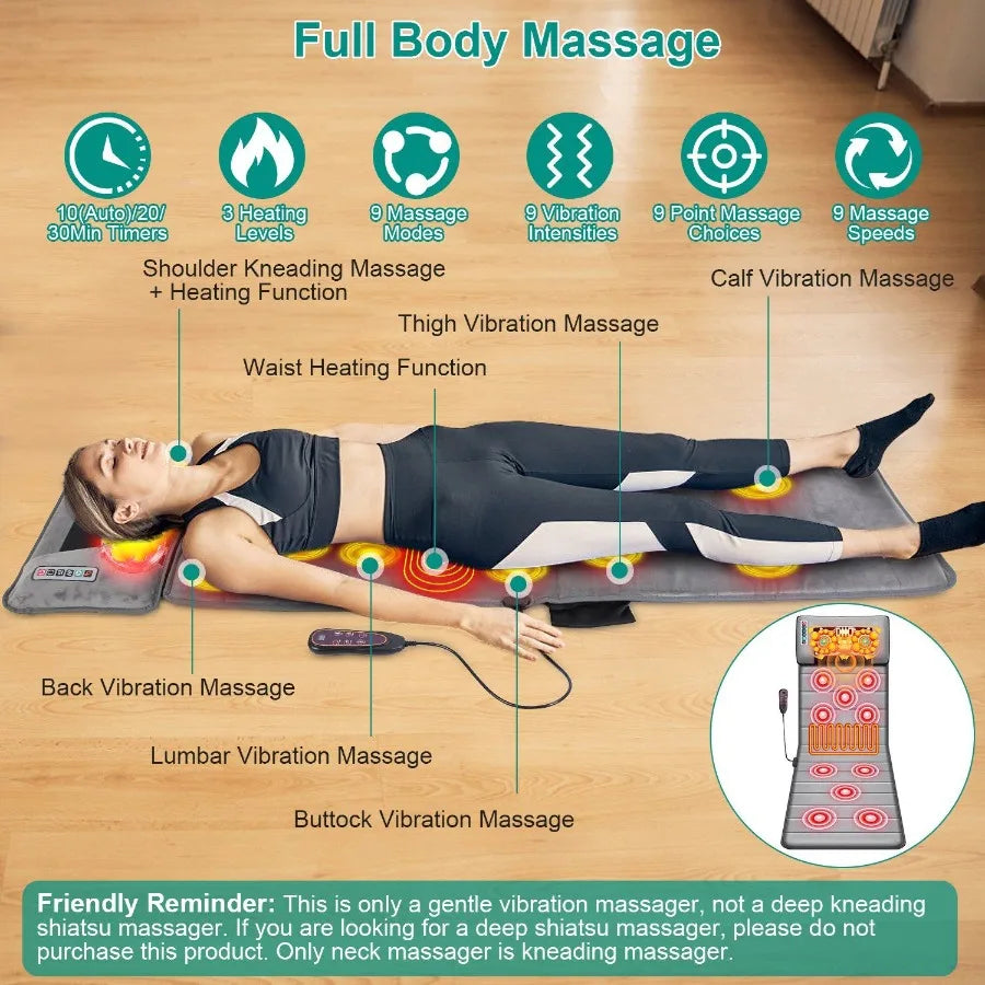Full Body Electric Massage Mat with Heat Vibration Cushion Back Massage Mattress Chair Pad with Neck Massage Pillow