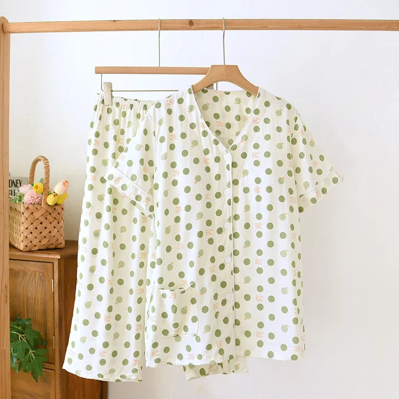Thin Summer Floral Woman Pajama Sets Nightwear Top and Pants