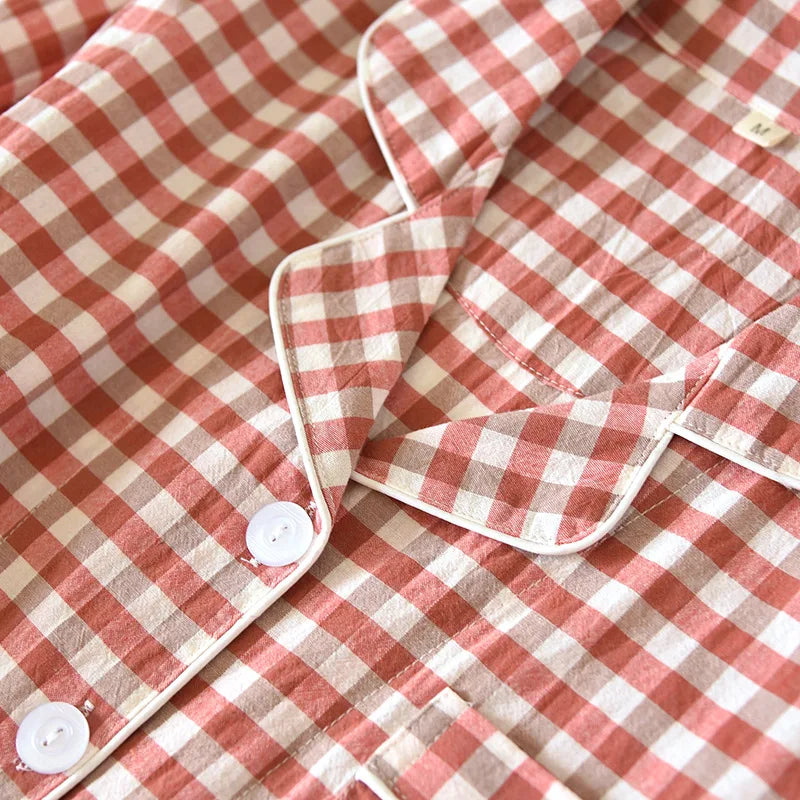 Spring and Autumn Unisex Pajama Set 100% Cotton Men's and Women's Plaid Long Sleeved Two Piece