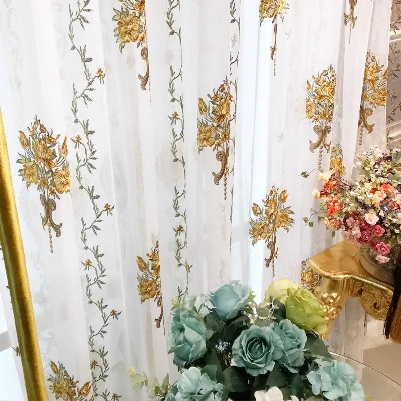 European Elegant Yellow Embroidery Tulle Curtains for Living Dining Room Bedroom - White Ladder Rope Translucidus