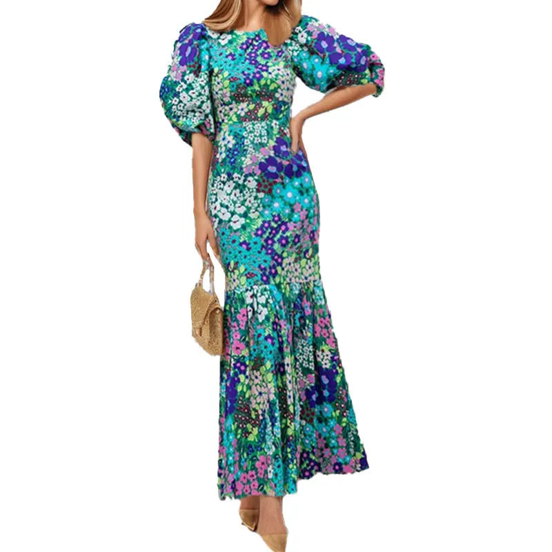 Elegant Blue Flower Print Lantern Sleeve Ankle Summer Fishtail Dress