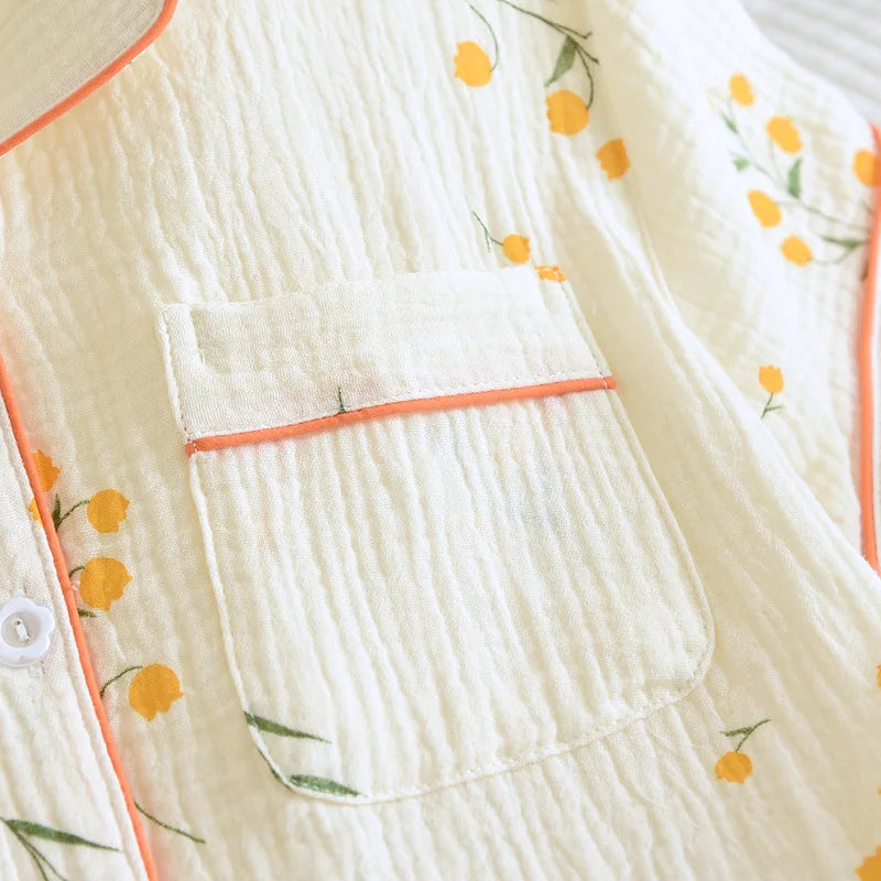 Summer women's cotton crepe three-piece short sleeve + shorts + trousers large size simple flower pajamas