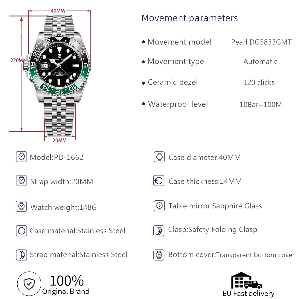 Luxury GMT Men's Mechanical Wristwatch Sapphire Glass Stainless Steel 100M Waterproof Automatic