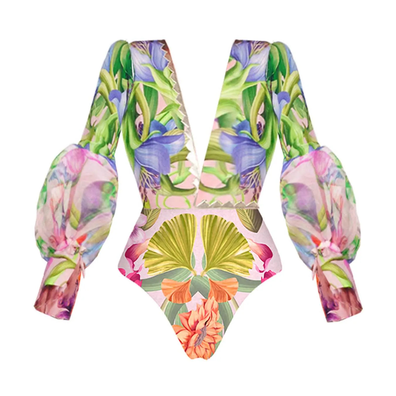 Swimwear 2PC Cover-up Swimsuit Ruffle Printed Deep V One-piece Kimono Bikini Suit
